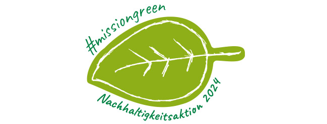 Das Logo zeigt ein hellgrünes Blatt, umrandet von einer dunkelgrünen Schrift, die lautet "Mission Green. Nachhaltigkeitsaktion 2024"